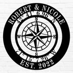 Personalized compass metal sign with custom names, coordinates, and established date, laser-cut from premium steel and powder-coated for durable indoor or outdoor décor.