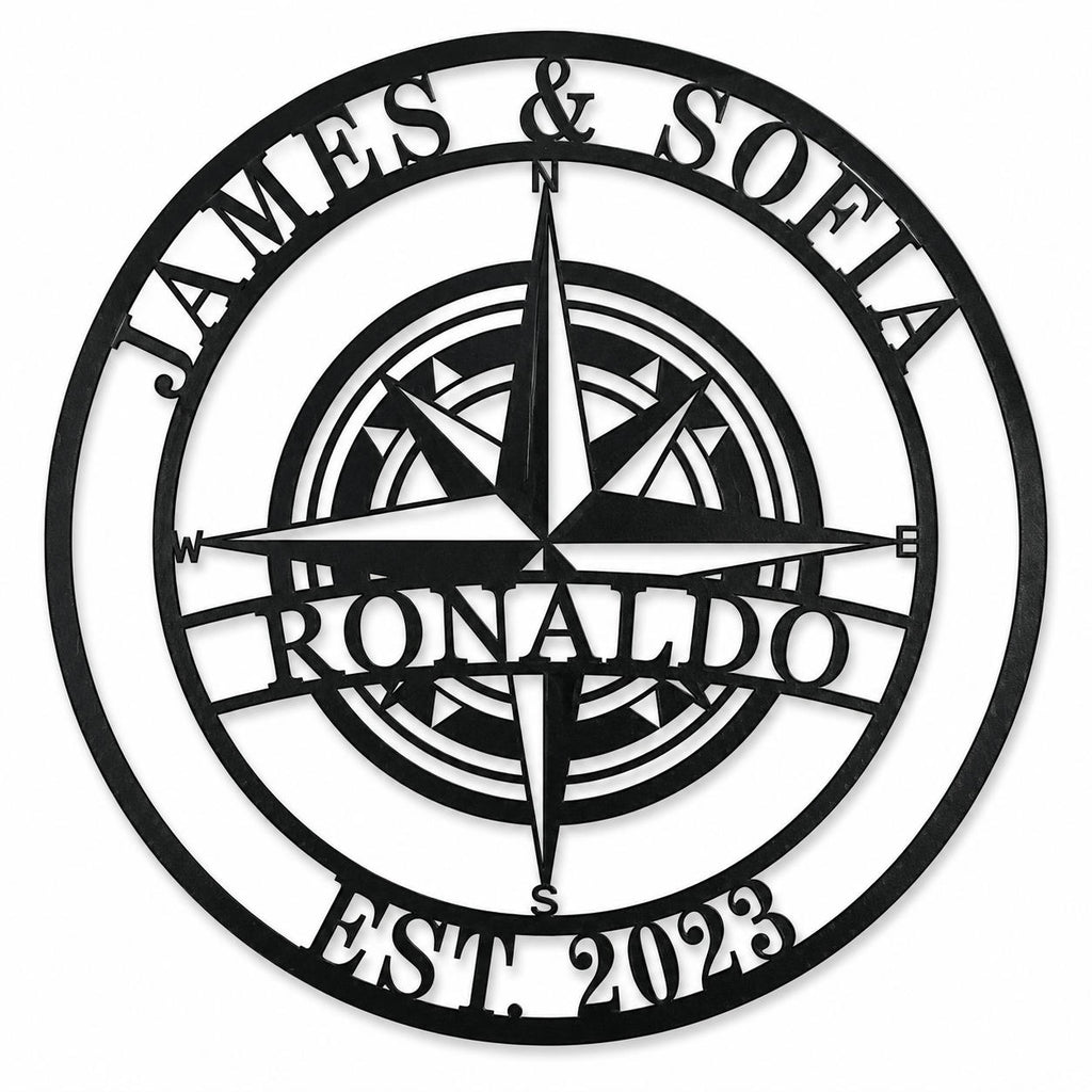 Personalized compass metal family name sign with custom names surname and established year on white background