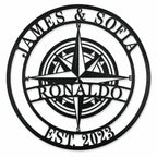 Personalized compass metal family name sign with custom names surname and established year on white background