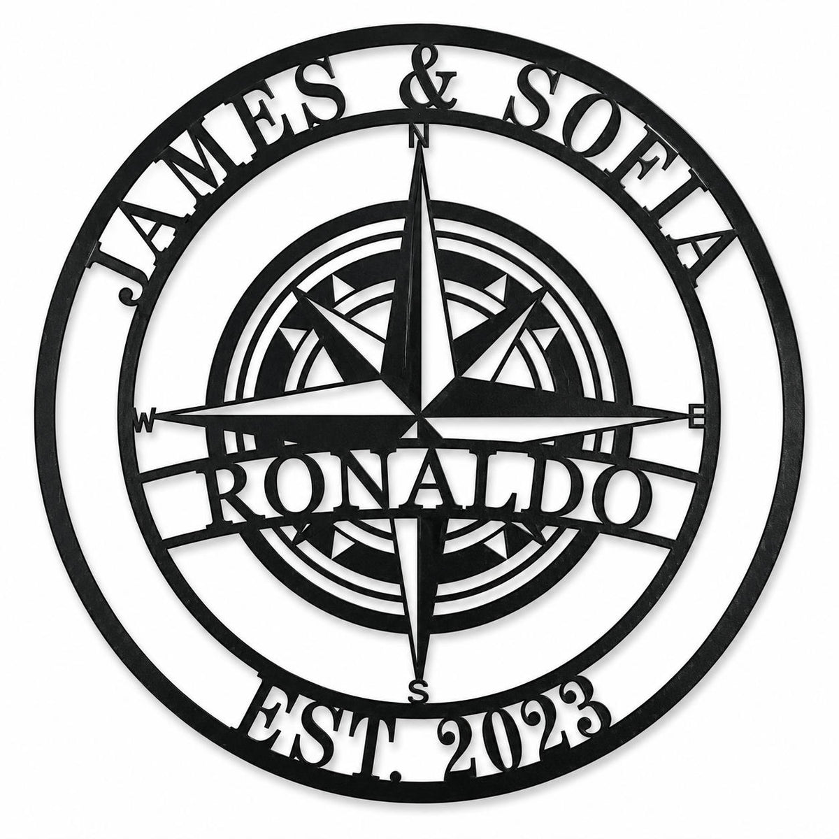 Personalized compass metal family name sign with custom names surname and established year on white background