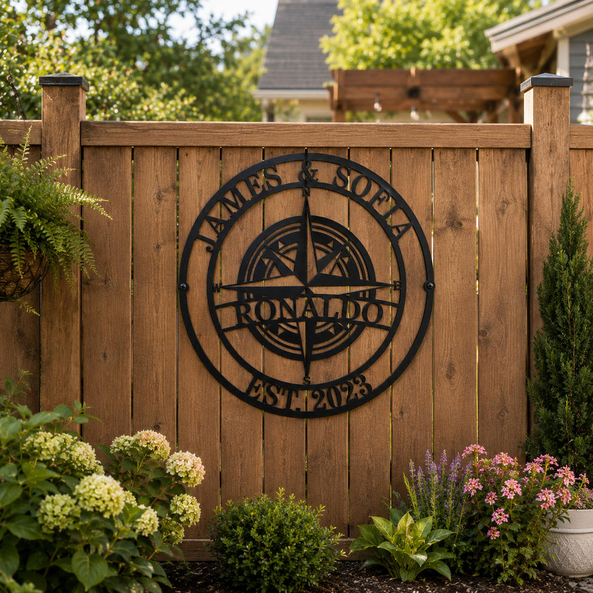 Custom compass family name metal sign mounted on backyard wooden fence with garden landscaping