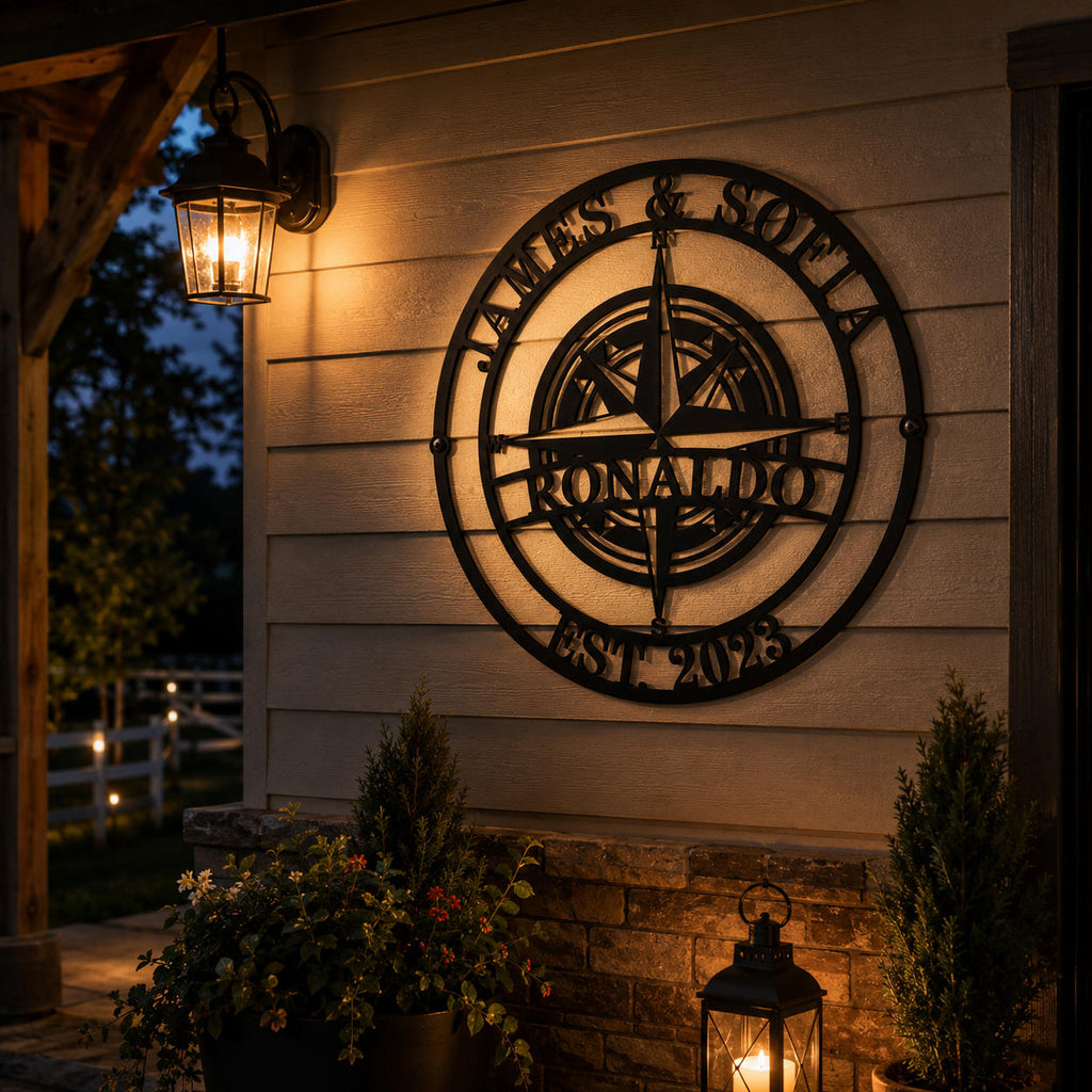 Custom compass family metal wall art illuminated by warm porch lighting at night
