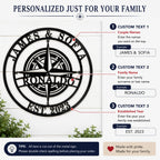 Customization guide showing couple names family surname and established year for personalized compass metal sign