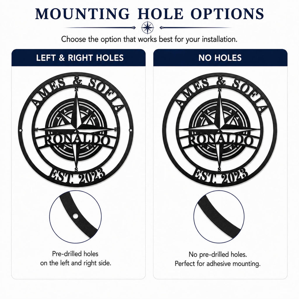 Comparison of no holes and side holes mounting options for personalized compass metal sign