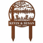 Personalized corten steel lake house yard sign with natural rust patina isolated on a white background.