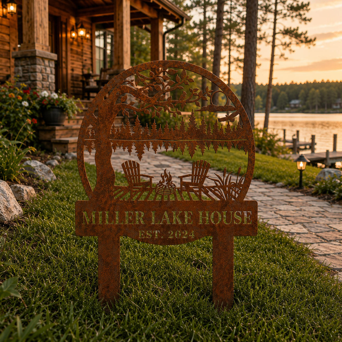 Rusted corten steel personalized lake house sign installed at a lakeside cabin entrance.