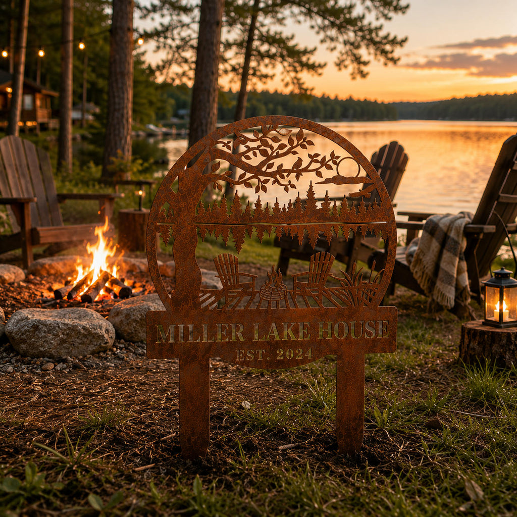 Weathered steel yard sign displayed beside a lakeside campfire seating area.