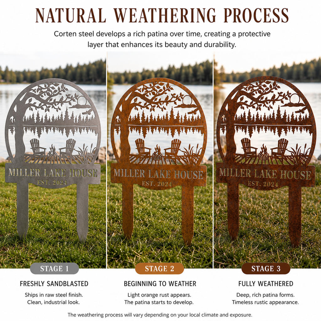 Corten steel sign showing natural weathering stages from raw steel to rusted finish.