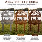 Corten steel sign showing natural weathering stages from raw steel to rusted finish.