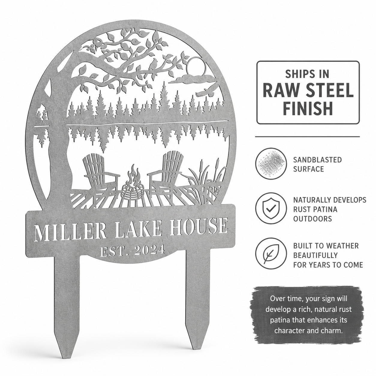 Custom Corten Steel Lakeside Campfire Garden Sign Secondary image