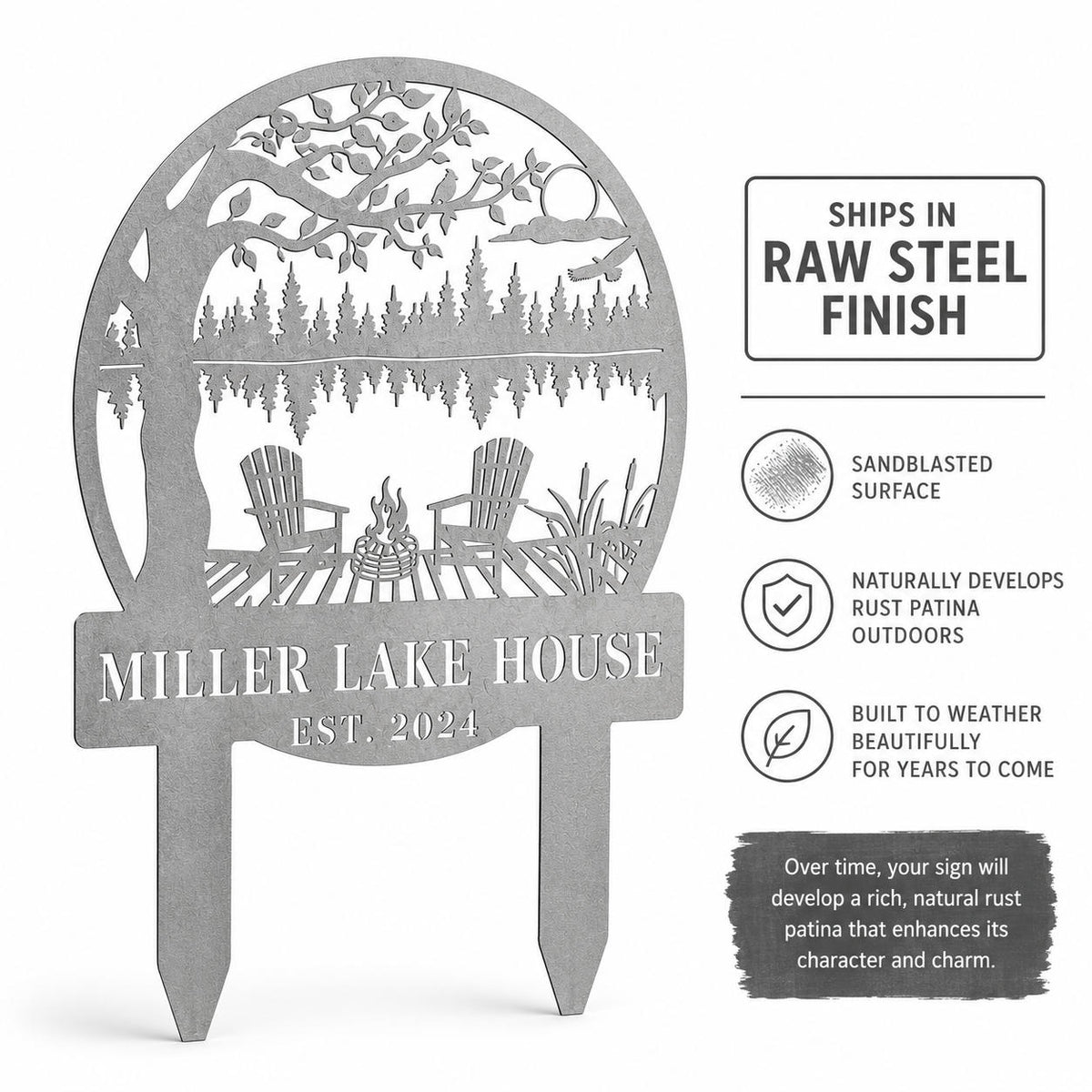 Personalized corten steel sign in raw sandblasted steel finish before weathering.