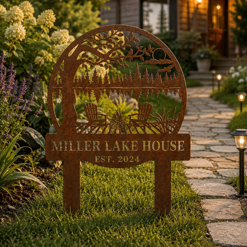 Custom corten steel garden stake sign installed along a rustic garden pathway.