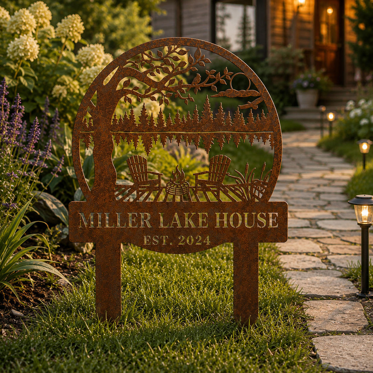 Custom corten steel garden stake sign installed along a rustic garden pathway.