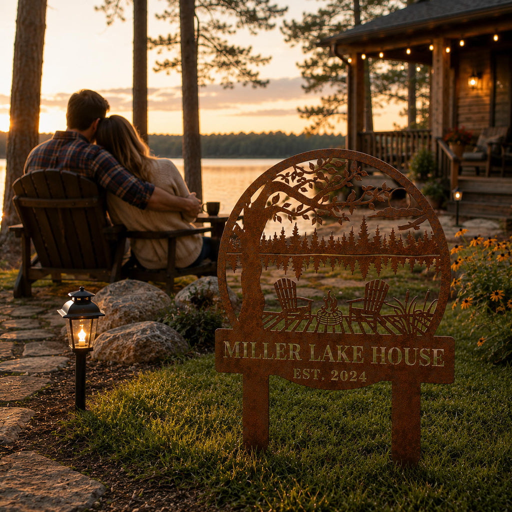 Personalized rusted steel lake house sign displayed outside a family vacation cabin.