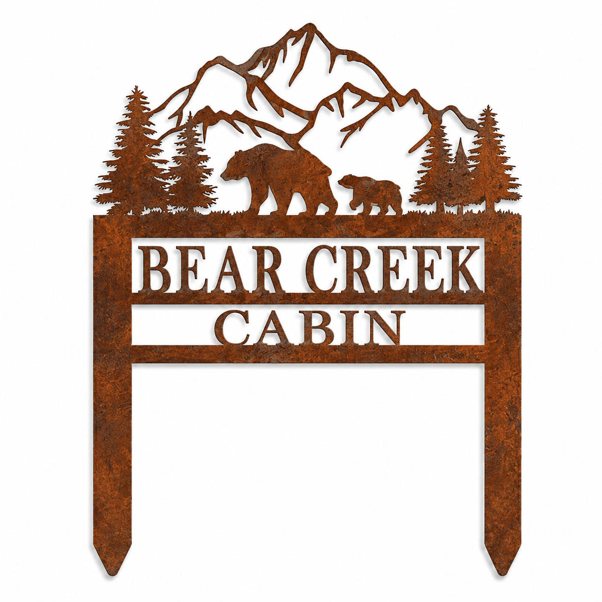 Custom corten steel bear mountain personalized yard sign with integrated ground stakes in natural rust patina finish Main image
