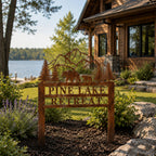 Custom weathered corten steel lake house sign with bear and mountain design near waterfront property