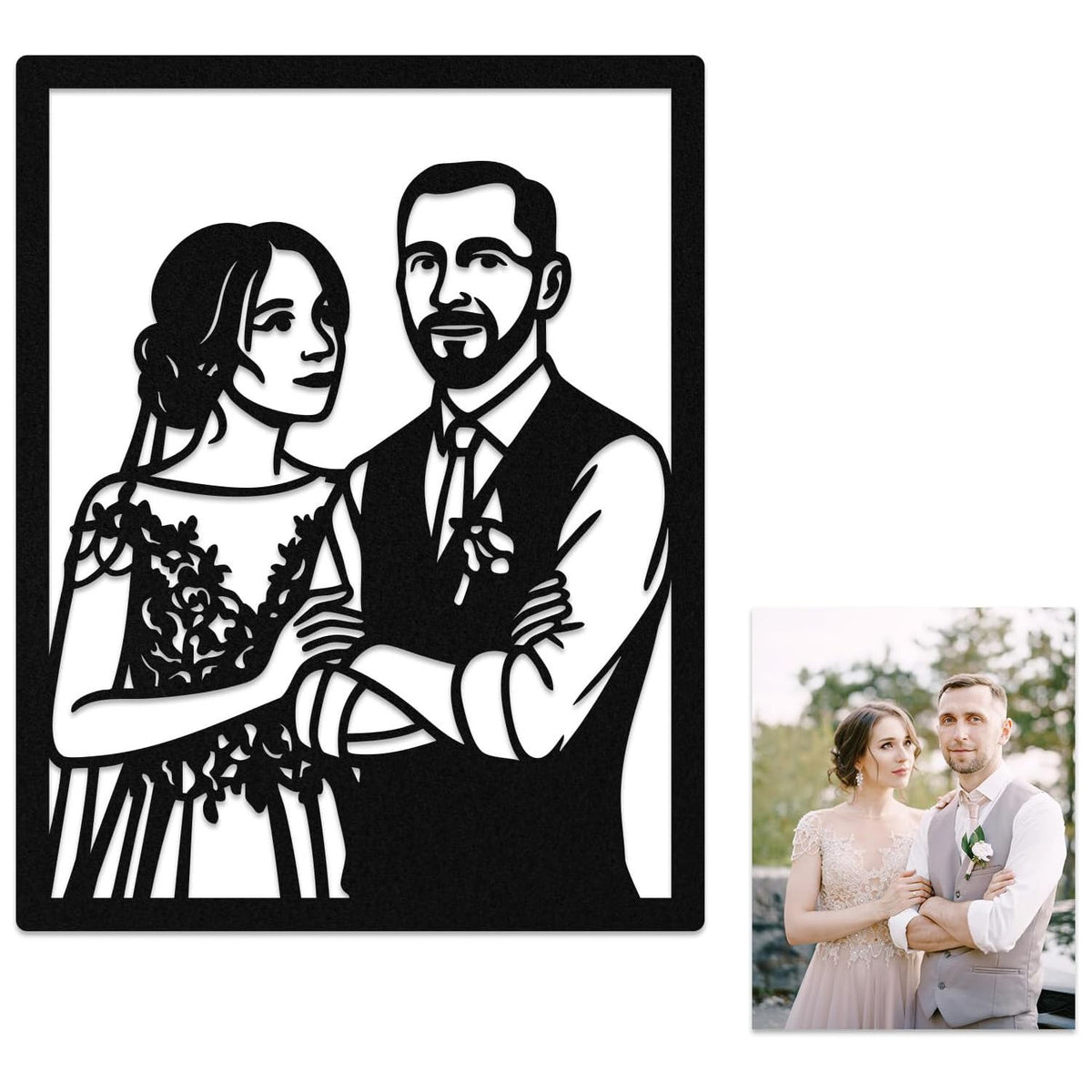 Custom couple metal portrait made from high-quality steel, laser-cut from uploaded photo, personalized wedding and anniversary wall art gift. Main image
