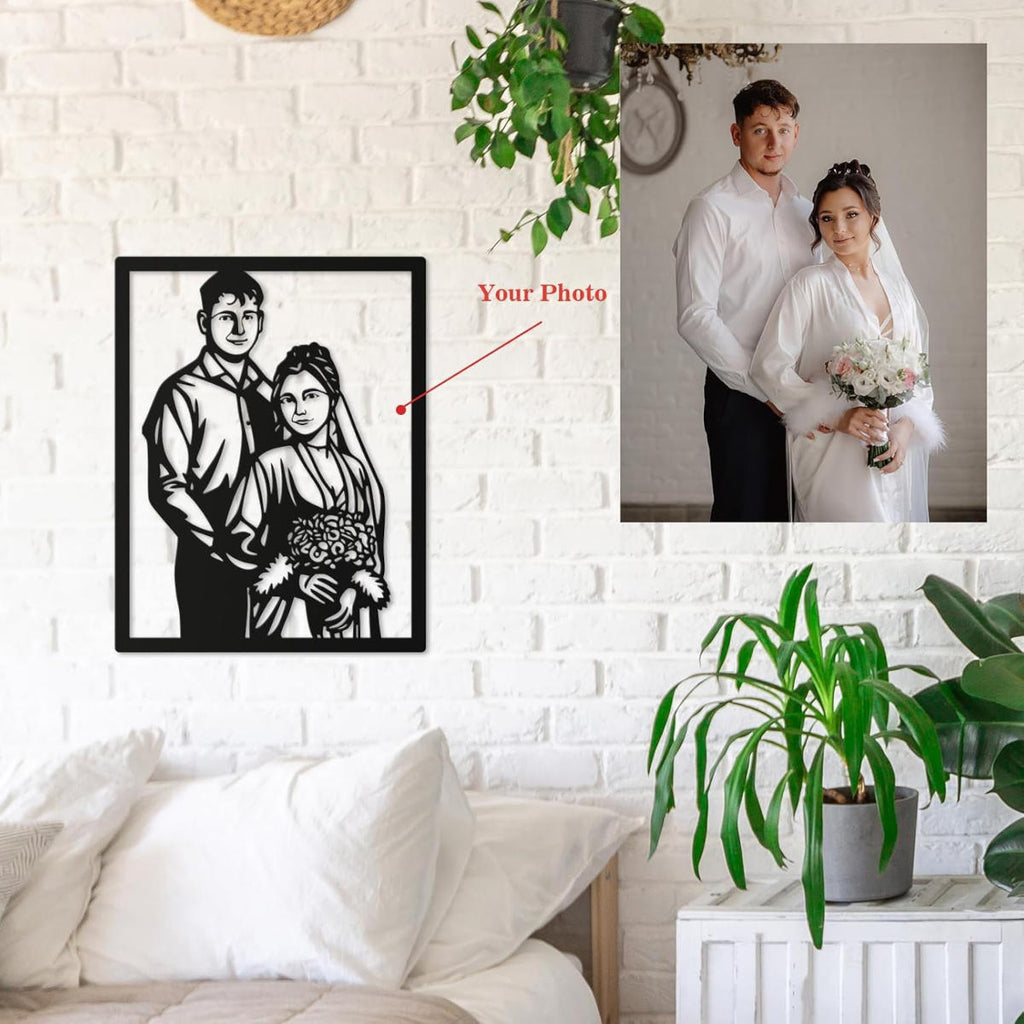 Custom couple metal portrait made from high-quality steel, laser-cut from uploaded photo, personalized wedding and anniversary wall art gift.