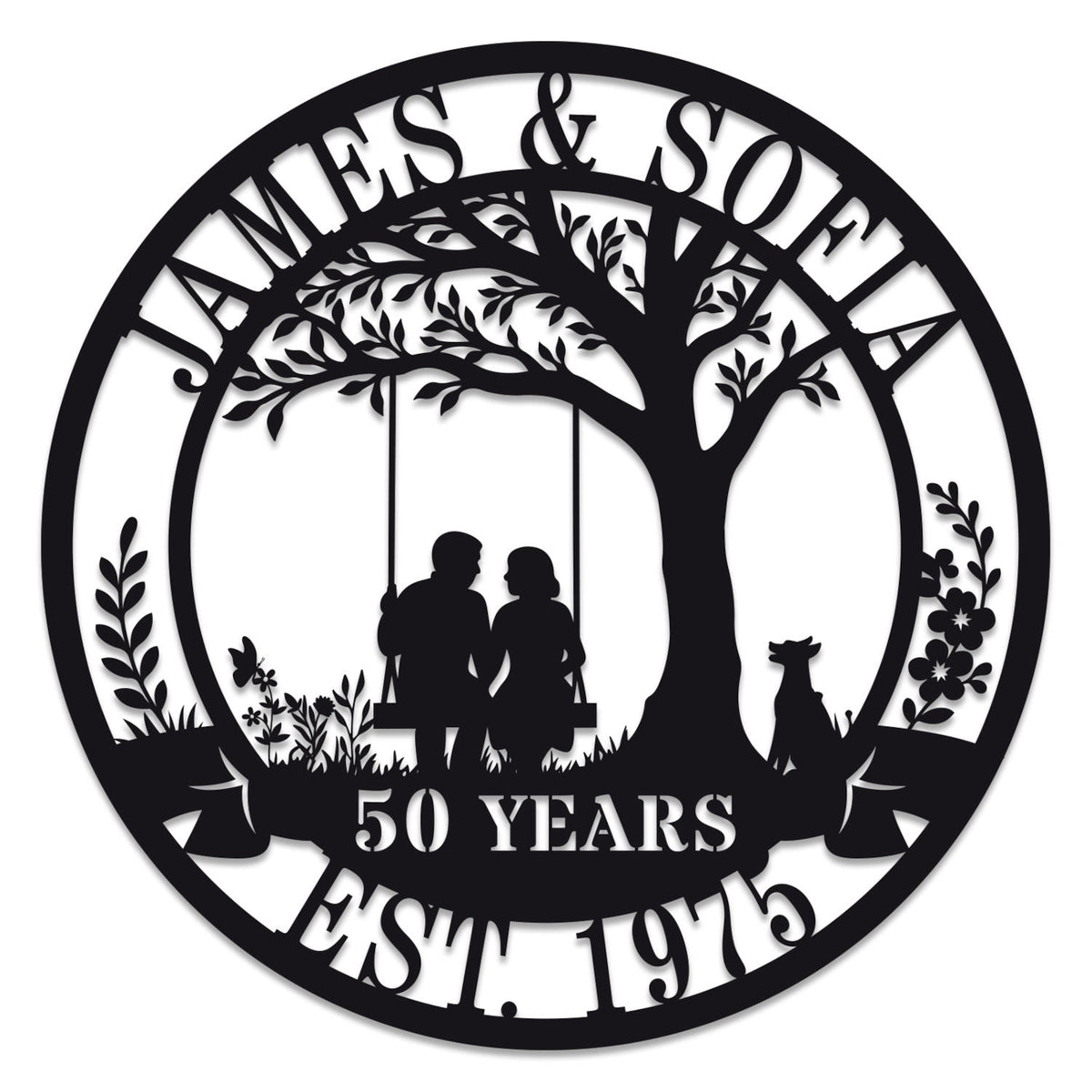 Custom metal sign with couple on swing under tree, personalized with names, dates, or anniversary messages, laser-cut steel with powder coat finish
