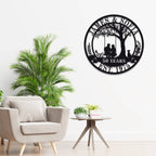Custom metal sign with couple on swing under tree, personalized with names, dates, or anniversary messages, laser-cut steel with powder coat finish