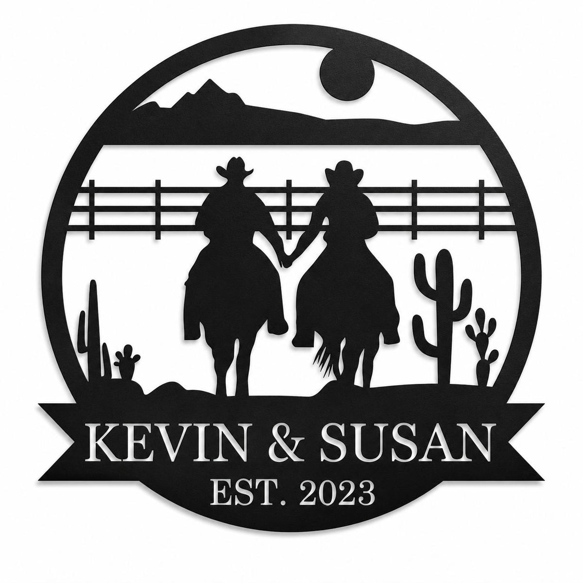 Personalized western cowboy couple metal wall art sign with custom names and year, black steel ranch decor on white background for farmhouse and rustic home decoration