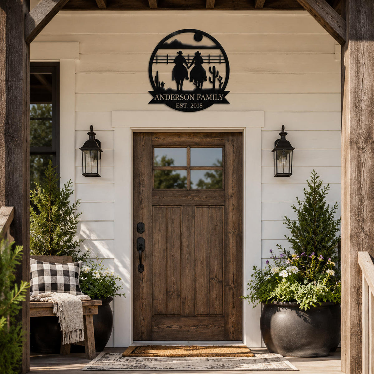 Personalized farmhouse front porch metal wall sign featuring cowboy couple silhouette, custom family name rustic western decor for country home entrance door