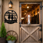 Western horse stable entrance metal wall art sign with cowboy couple silhouette, custom ranch name decorative sign for barn and equestrian property
