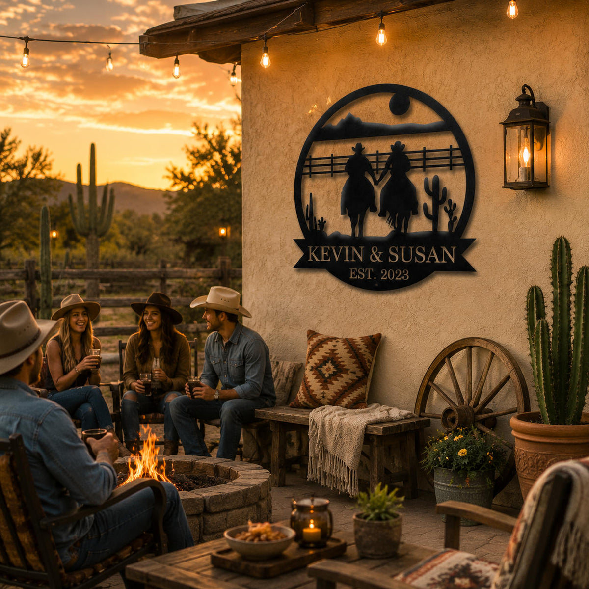 Rustic western backyard patio metal wall sign with cowboy couple design, personalized ranch decor for outdoor gathering space with string lights and fire pit ambiance