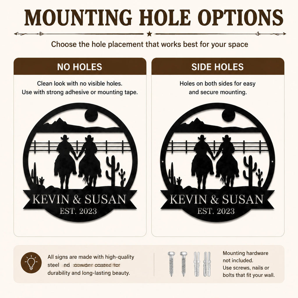 Metal wall sign mounting options comparison showing no holes and side hole installation, western cowboy ranch sign hardware guide for easy wall hanging setup