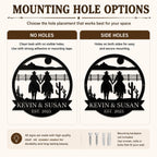 Metal wall sign mounting options comparison showing no holes and side hole installation, western cowboy ranch sign hardware guide for easy wall hanging setup