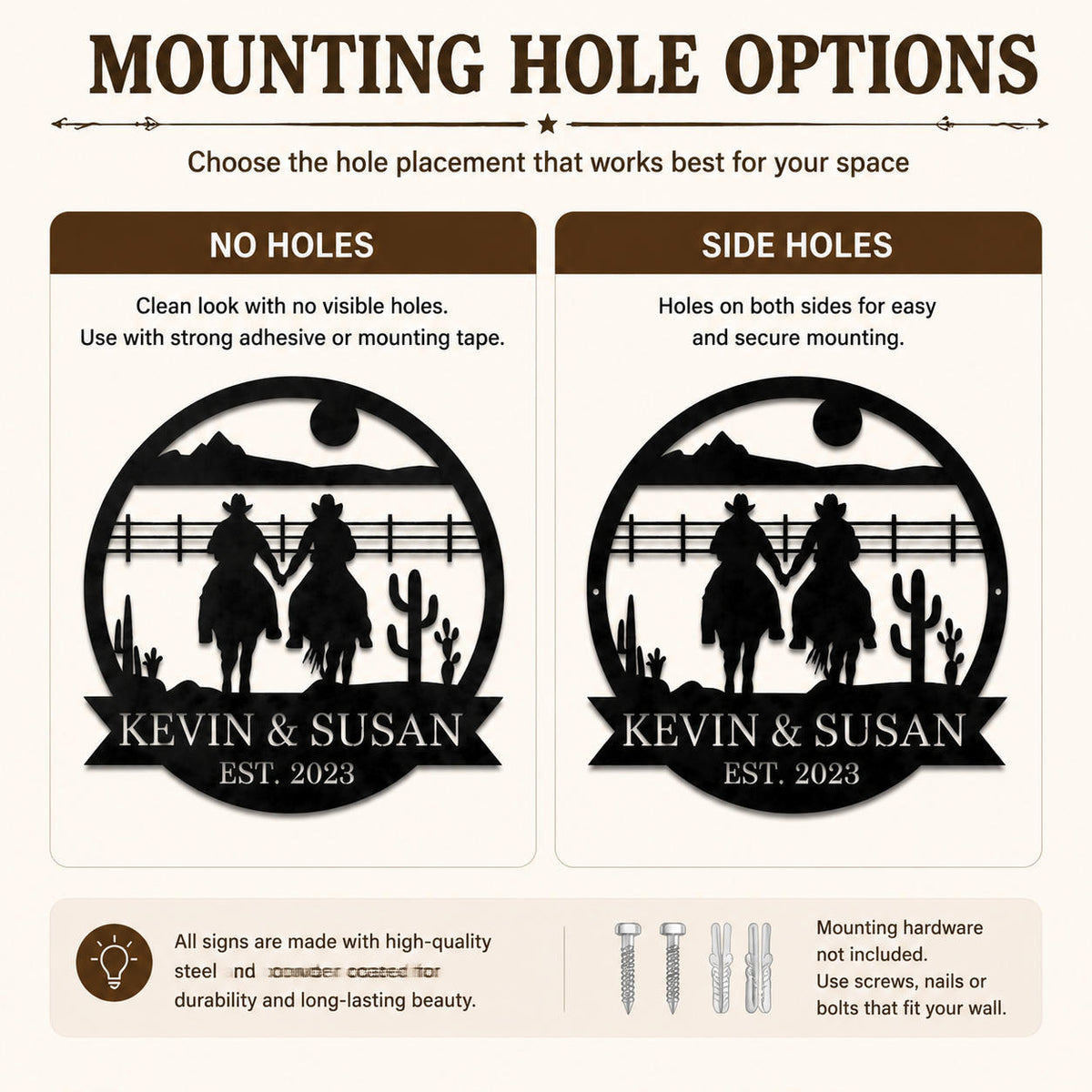 Metal wall sign mounting options comparison showing no holes and side hole installation, western cowboy ranch sign hardware guide for easy wall hanging setup