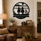 Custom western cowboy couple metal wall art displayed in cozy farmhouse living room, rustic home decor above wooden console table with warm lighting and country style interior design
