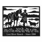 Black personalized ranch metal sign featuring a cowboy, horse, dogs, and custom farm name on a clean white background