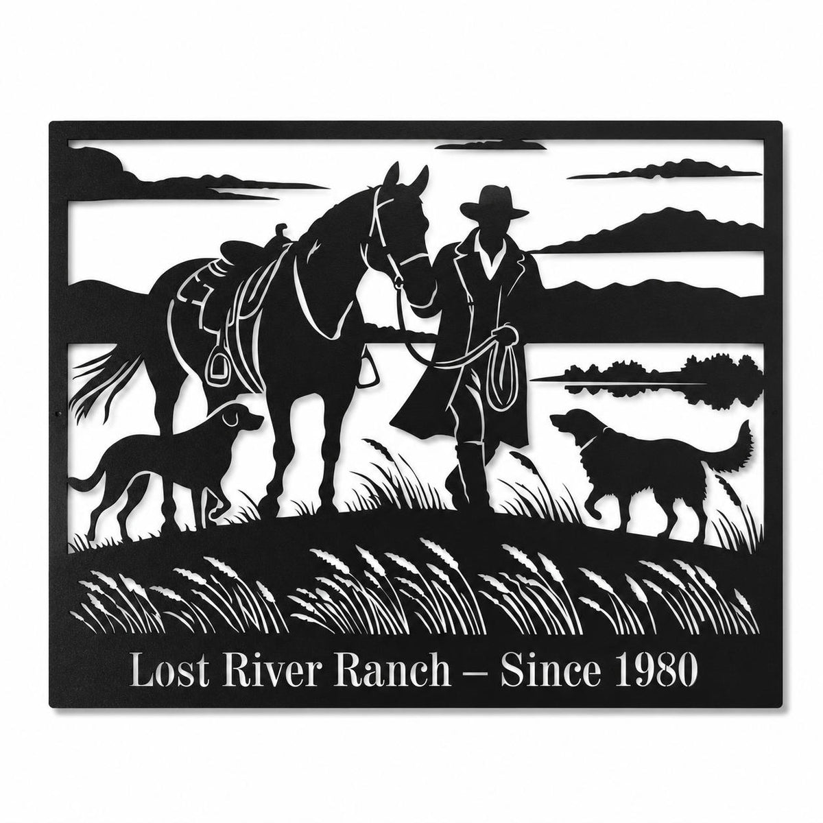 Black personalized ranch metal sign featuring a cowboy, horse, dogs, and custom farm name on a clean white background