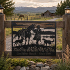 Custom ranch metal sign mounted on a wooden fence at a countryside horse ranch entrance with personalized farm name and established year.