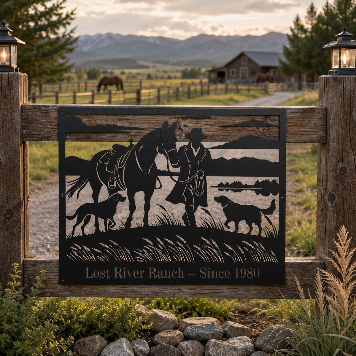 Custom ranch metal sign mounted on a wooden fence at a countryside horse ranch entrance with personalized farm name and established year.