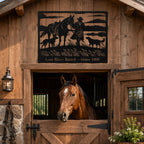 Personalized ranch metal sign displayed above a horse stable entrance with a horse standing nearby.