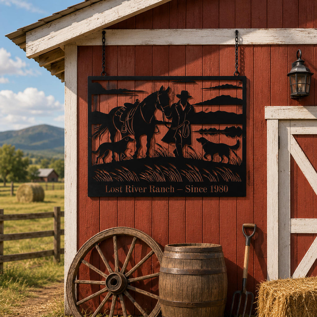 Large custom farm metal sign mounted on a red barn wall with rustic countryside surroundings.