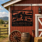 Large custom farm metal sign mounted on a red barn wall with rustic countryside surroundings.