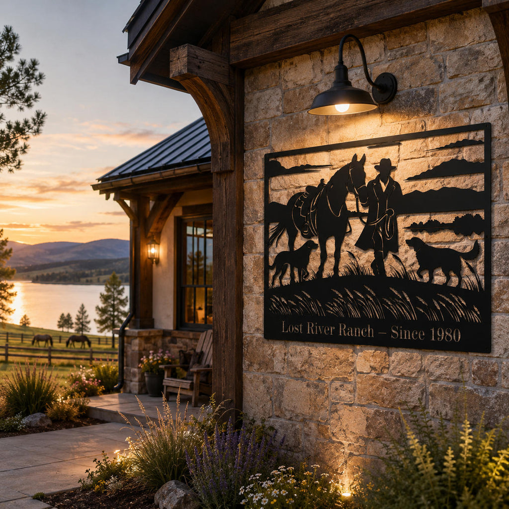 Custom ranch name metal sign mounted on a rustic farmhouse porch overlooking a lake and pasture.