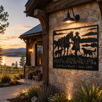 Custom ranch name metal sign mounted on a rustic farmhouse porch overlooking a lake and pasture.
