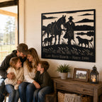 Personalized ranch metal sign with horse and dog design displayed on a ranch fence with a horse owner walking nearby.