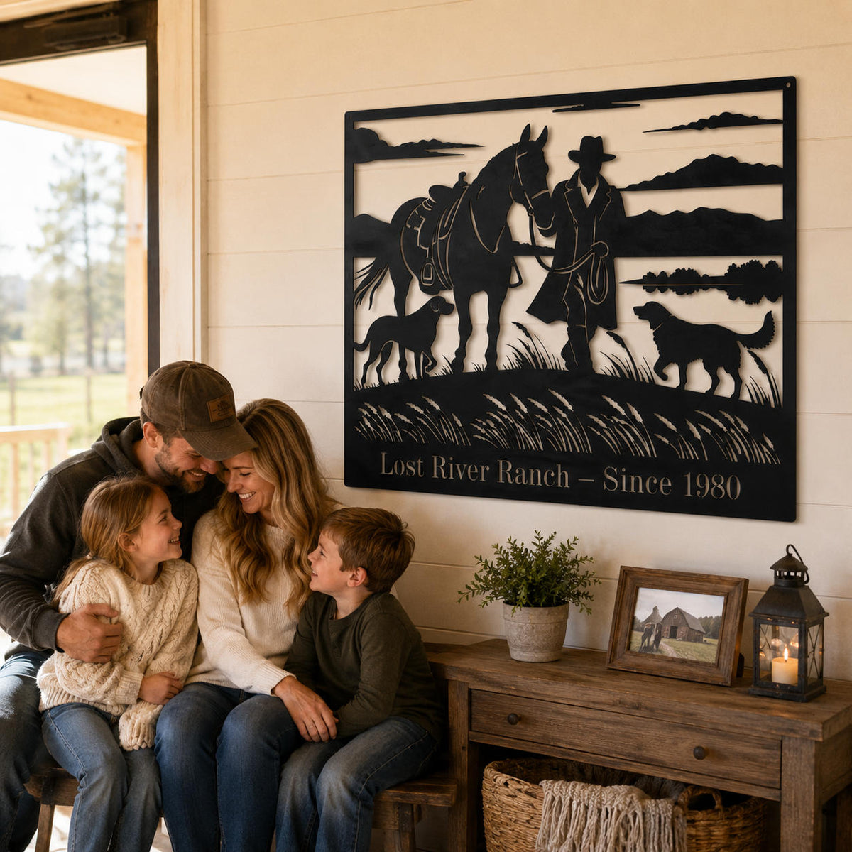 Personalized ranch metal sign with horse and dog design displayed on a ranch fence with a horse owner walking nearby.
