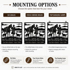 Comparison chart showing three mounting options for a ranch metal sign: no holes, four corner holes, and top hanging loops