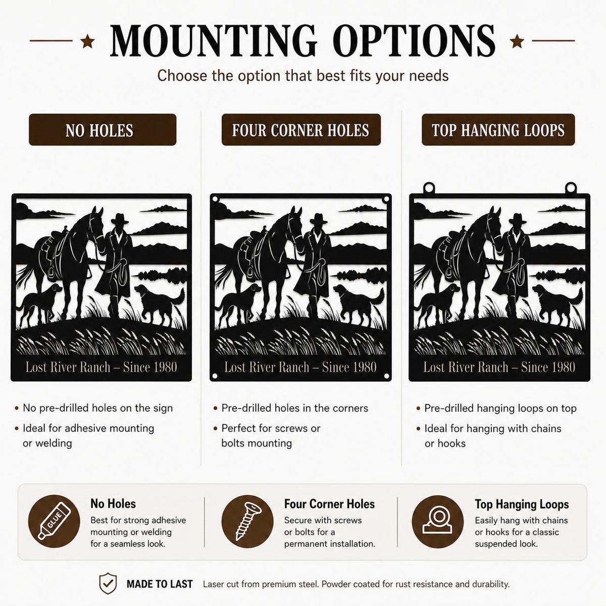 Comparison chart showing three mounting options for a ranch metal sign: no holes, four corner holes, and top hanging loops