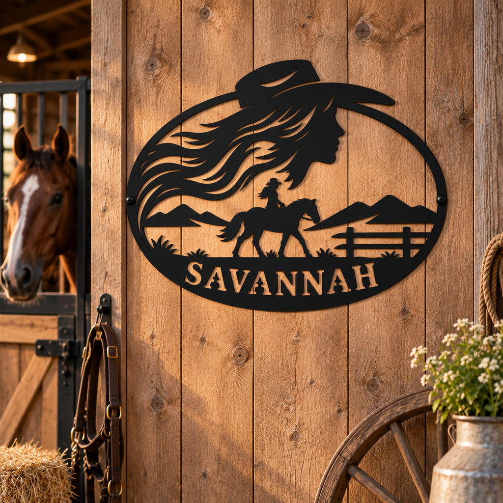 Custom Savannah cowgirl and horse metal sign mounted on a rustic wooden horse barn wall.