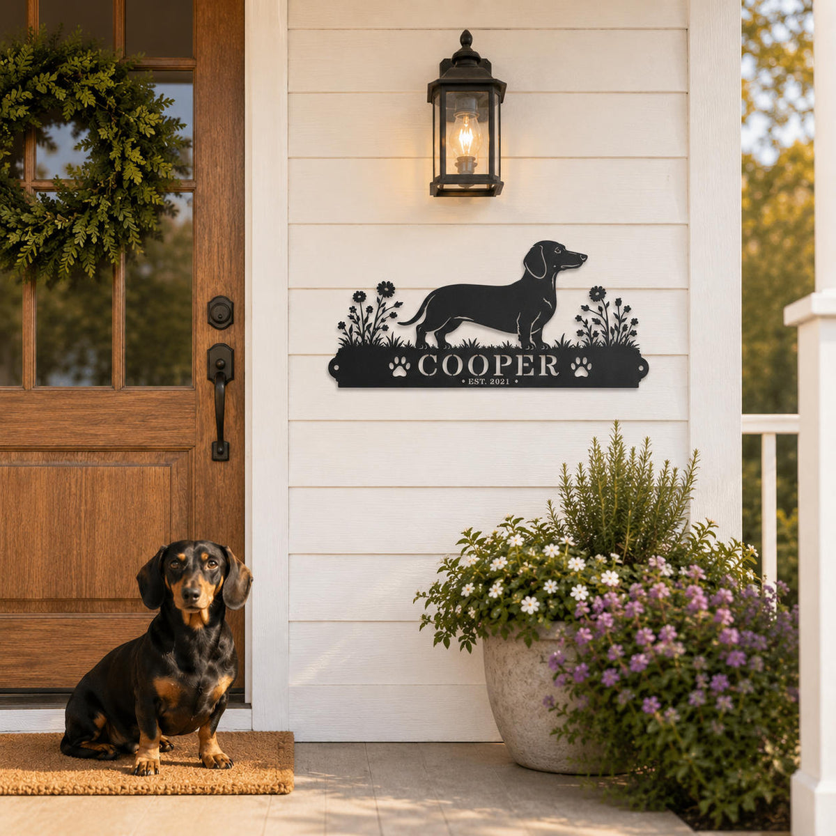 Custom Dachshund metal name sign mounted beside a modern farmhouse front door with Cooper name and paw print design.