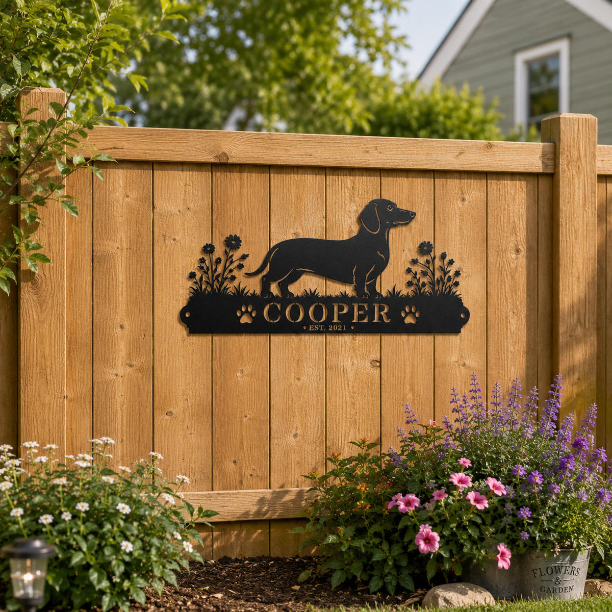 Personalized Dachshund metal dog sign attached to a wooden backyard fence surrounded by flowers and green grass.