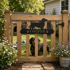 Custom Dachshund dog name sign mounted on a pet play area fence with a real Dachshund nearby.