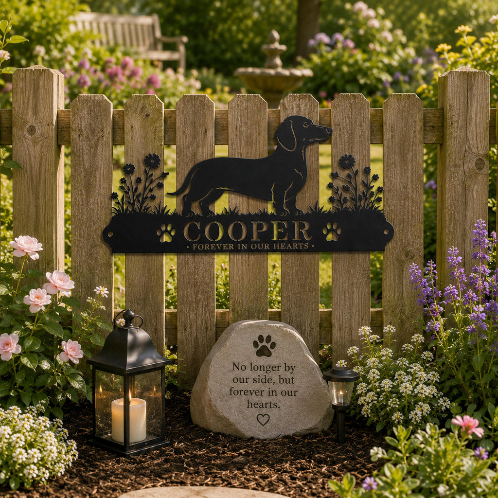 Personalized Dachshund memorial metal sign with Cooper name displayed in a peaceful backyard garden.